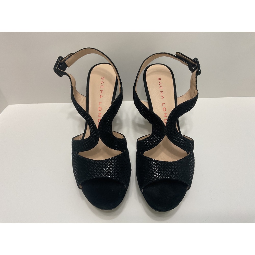 Sacha‎ London Essex Black Suede Textured Leather Platform Sandals Heels 8.5